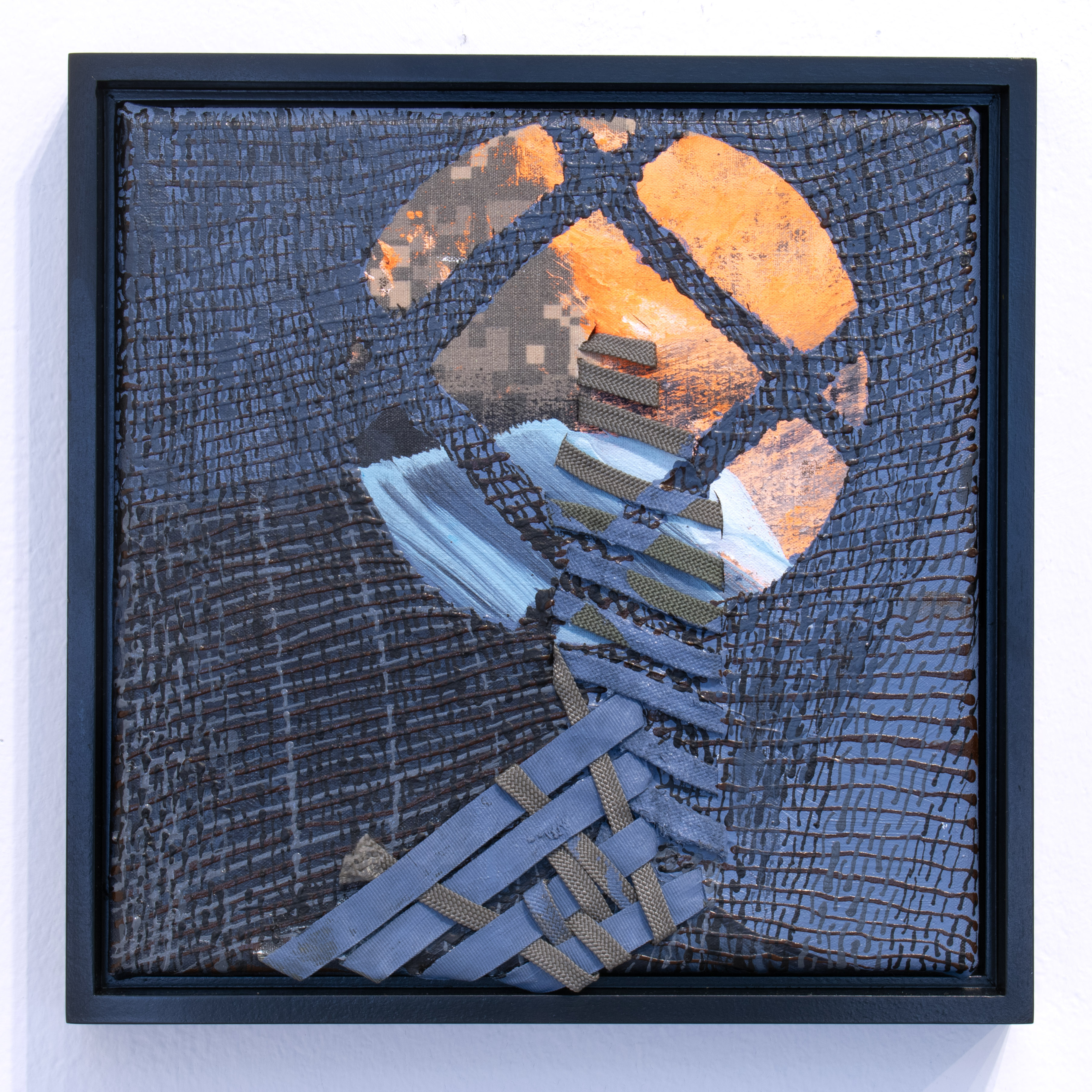 Figure / Window, 2023, US Army uniform fabric, ribbon, acrylic paint, 8 x 8 in.